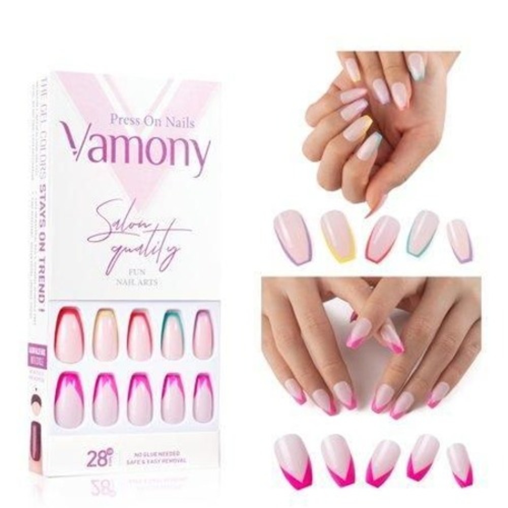 Vamony Press on Nails Short Coffin  56 Pcs French Nails Ballerina Nails Adhesive